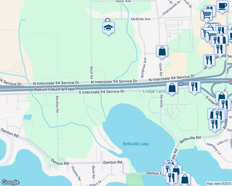 map of restaurants, bars, coffee shops, grocery stores, and more near 47001 Waters Edge Lane in Van Buren Charter Township
