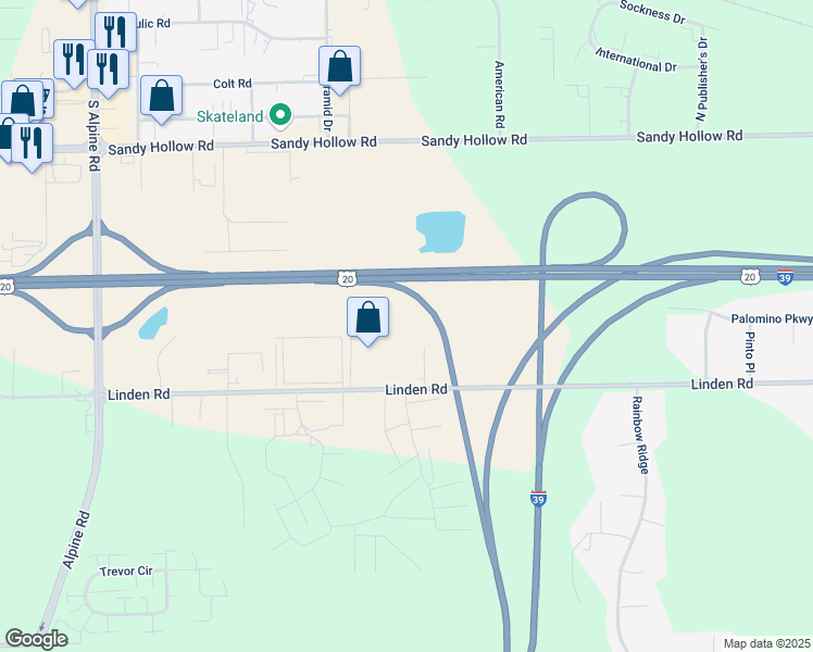 map of restaurants, bars, coffee shops, grocery stores, and more near 5112 Linden Road in Rockford