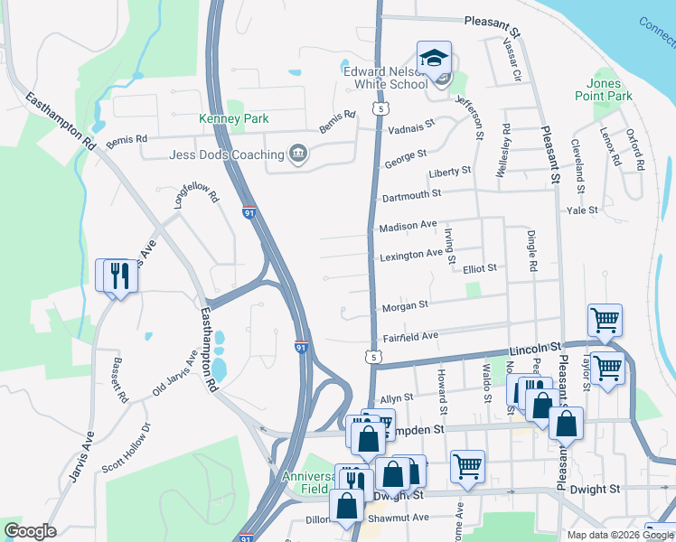 map of restaurants, bars, coffee shops, grocery stores, and more near 38 Lindbergh Avenue in Holyoke