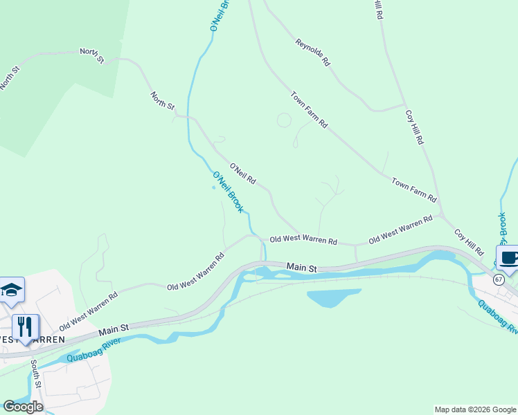 map of restaurants, bars, coffee shops, grocery stores, and more near 81 O'Neil Road in Warren