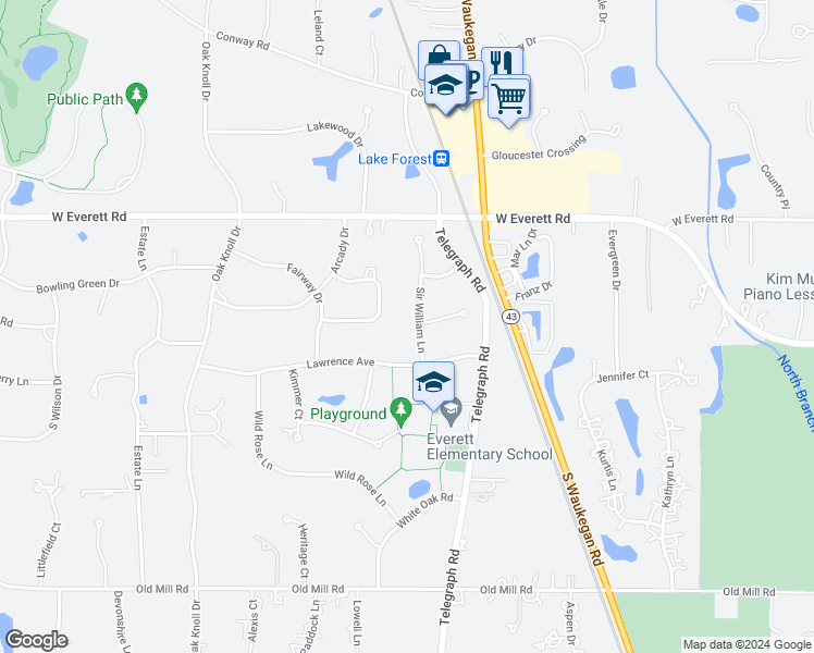 map of restaurants, bars, coffee shops, grocery stores, and more near 1180 Sir William Lane in Lake Forest