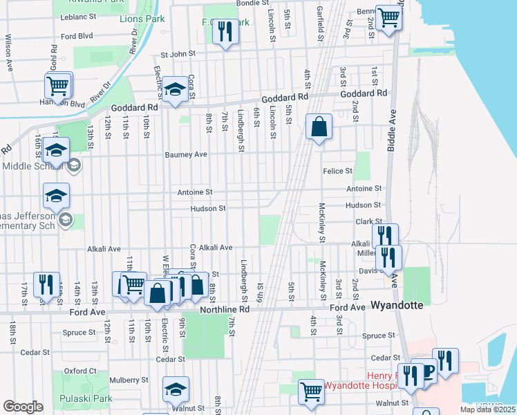 map of restaurants, bars, coffee shops, grocery stores, and more near 601 Hudson Street in Wyandotte