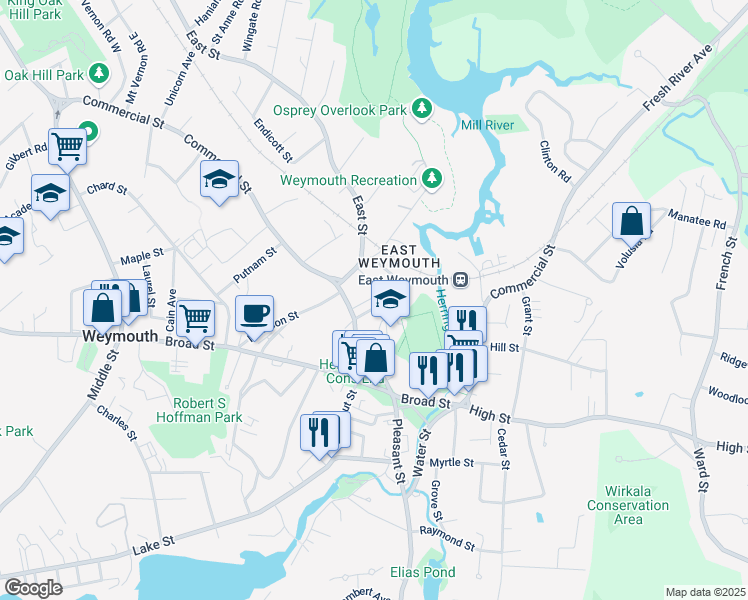 map of restaurants, bars, coffee shops, grocery stores, and more near 20 Somerset Street in Weymouth
