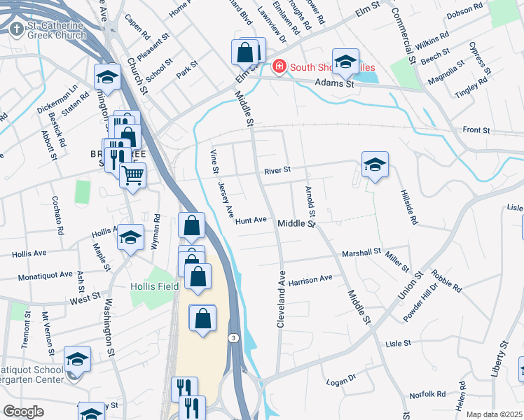 map of restaurants, bars, coffee shops, grocery stores, and more near 163 Middle Street in Braintree