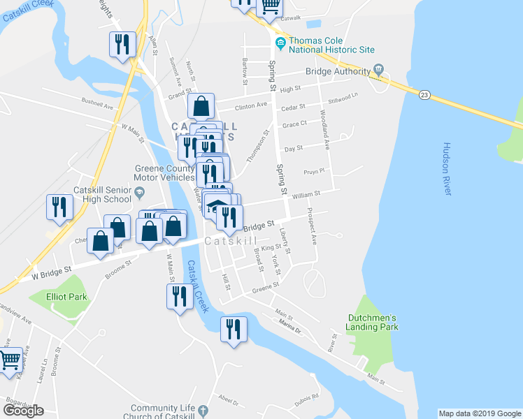 map of restaurants, bars, coffee shops, grocery stores, and more near 58 William St in Catskill