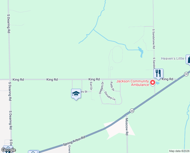 map of restaurants, bars, coffee shops, grocery stores, and more near 6728 King Road in Spring Arbor