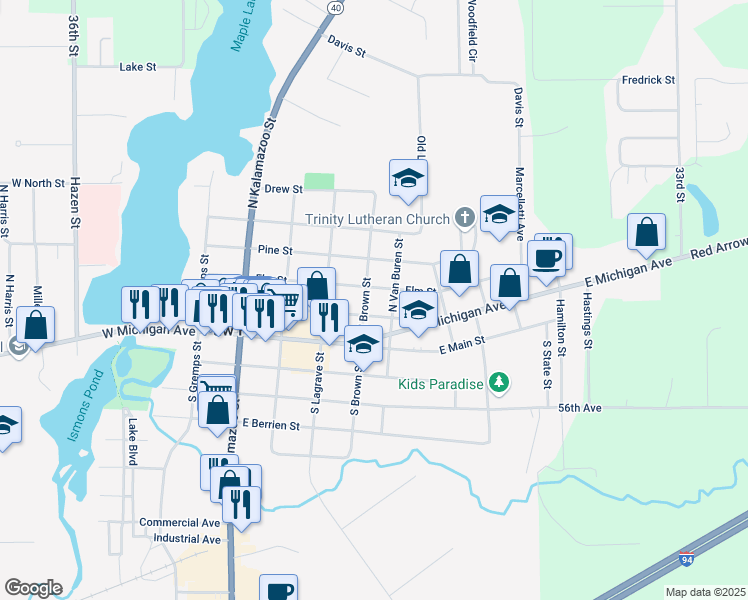 map of restaurants, bars, coffee shops, grocery stores, and more near 210 North Brown Street in Paw Paw