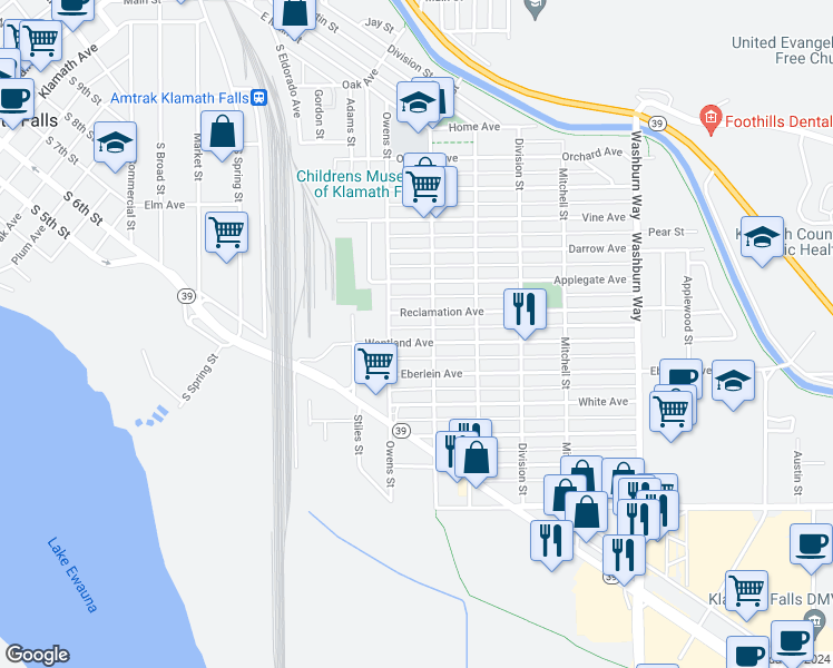 map of restaurants, bars, coffee shops, grocery stores, and more near 2039 Wantland Avenue in Klamath Falls