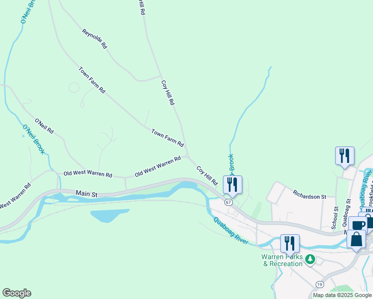 map of restaurants, bars, coffee shops, grocery stores, and more near 21 Town Farm Road in Warren