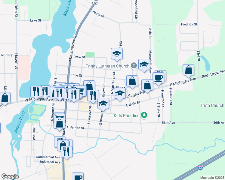 map of restaurants, bars, coffee shops, grocery stores, and more near 212 North Van Buren Street in Paw Paw