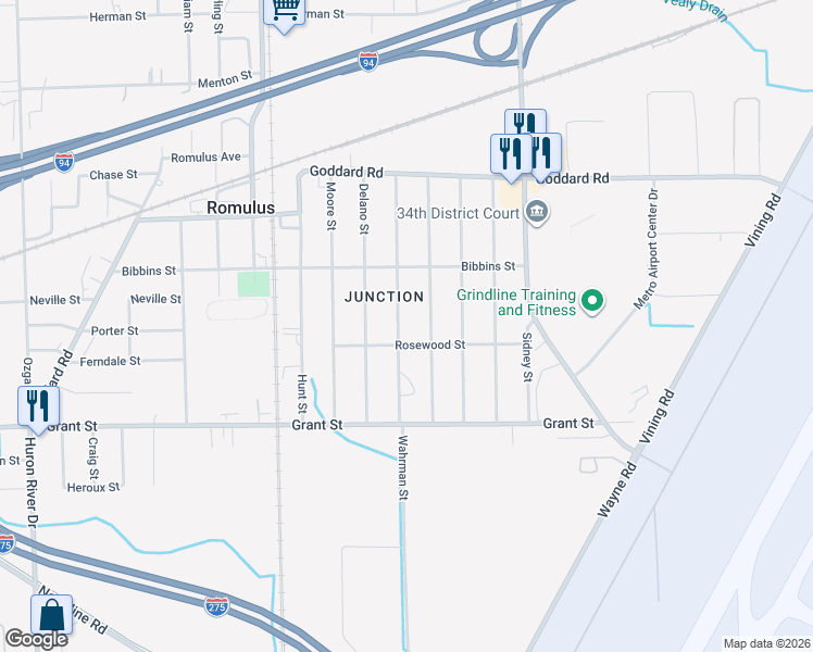 map of restaurants, bars, coffee shops, grocery stores, and more near 11320 Grover Street in Romulus