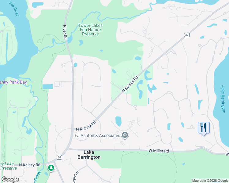 map of restaurants, bars, coffee shops, grocery stores, and more near 24404 North Kelsey Road in Lake Barrington