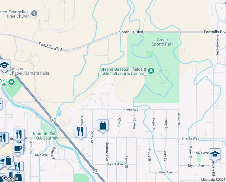 map of restaurants, bars, coffee shops, grocery stores, and more near 1209 Summers Lane in Klamath Falls