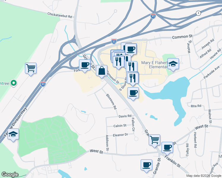 map of restaurants, bars, coffee shops, grocery stores, and more near 309 Granite Street in Braintree