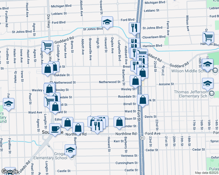 map of restaurants, bars, coffee shops, grocery stores, and more near 13168 Wesley Street in Southgate