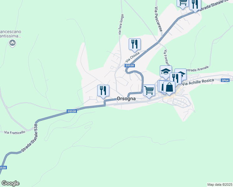 map of restaurants, bars, coffee shops, grocery stores, and more near 6 Via Torre Pellegrina in Orsogna