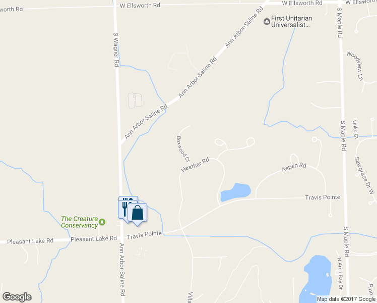 map of restaurants, bars, coffee shops, grocery stores, and more near 4644 Boxwood Court in Ann Arbor