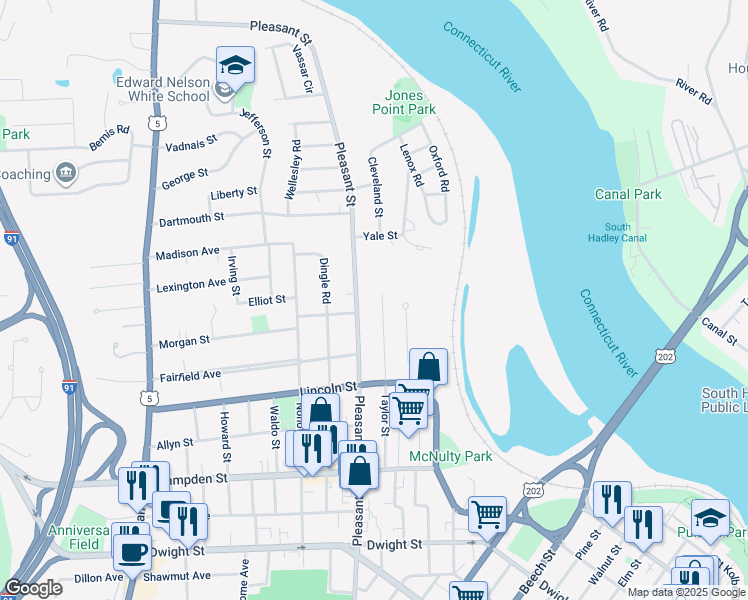 map of restaurants, bars, coffee shops, grocery stores, and more near 1 Taylor Street in Holyoke