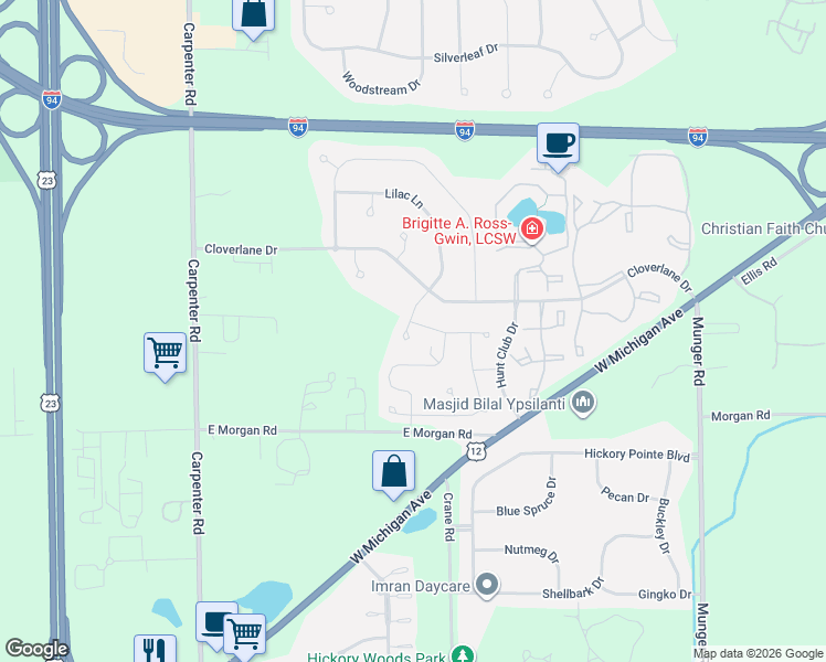 map of restaurants, bars, coffee shops, grocery stores, and more near 4641 Lilac Lane in Ypsilanti