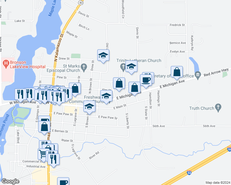 map of restaurants, bars, coffee shops, grocery stores, and more near 211 North Dyckman Street in Paw Paw