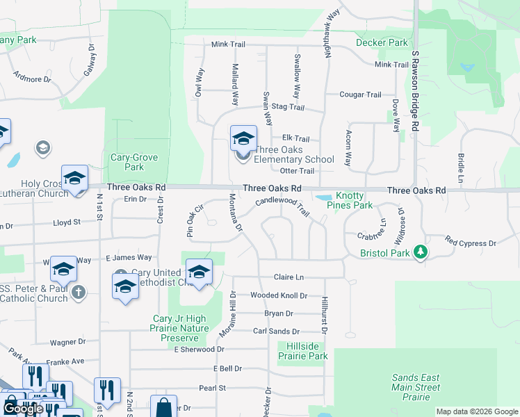 map of restaurants, bars, coffee shops, grocery stores, and more near 317 Candlewood Trail in Cary