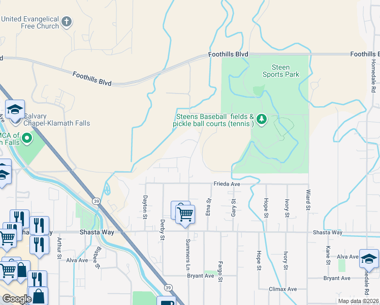 map of restaurants, bars, coffee shops, grocery stores, and more near 1234 Summers Lane in Klamath Falls
