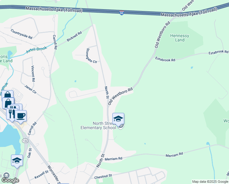 map of restaurants, bars, coffee shops, grocery stores, and more near 9 Old Westboro Road in Grafton