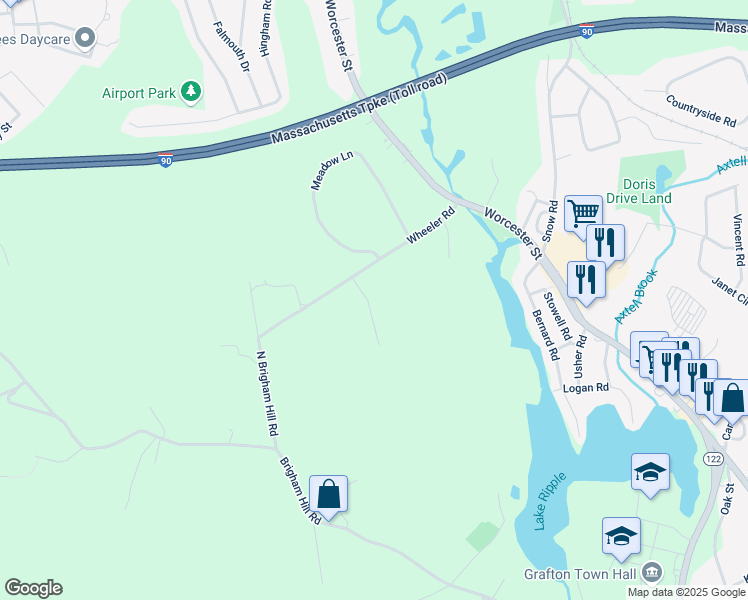 map of restaurants, bars, coffee shops, grocery stores, and more near 29 Wheeler Road in Grafton