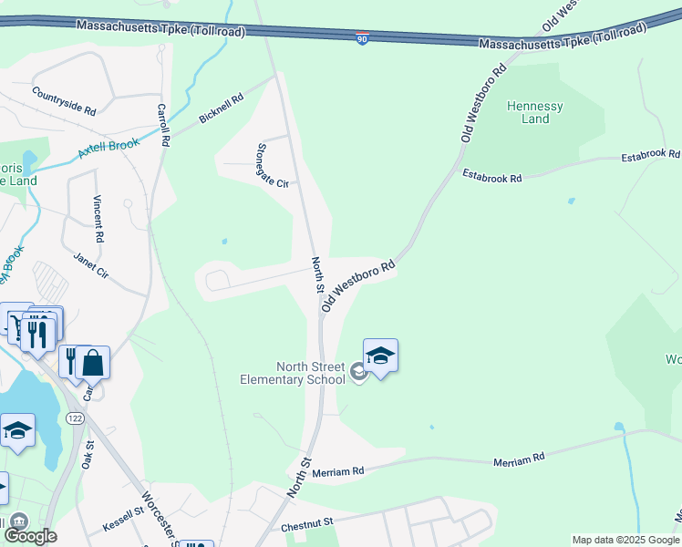 map of restaurants, bars, coffee shops, grocery stores, and more near 9 Old Westboro Road in Grafton