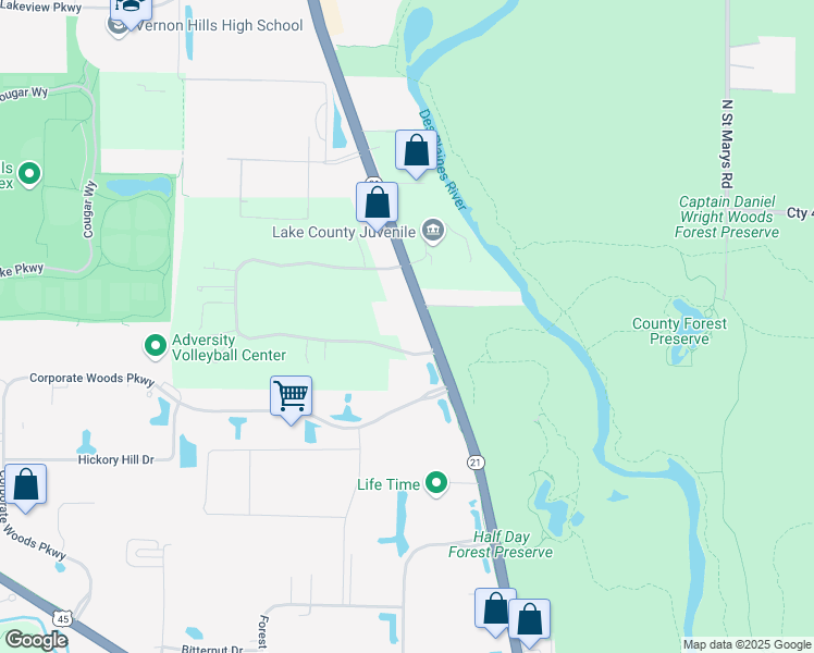 map of restaurants, bars, coffee shops, grocery stores, and more near 350 South Milwaukee Avenue in Vernon Hills