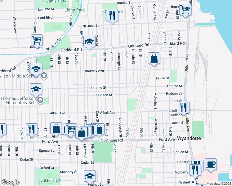 map of restaurants, bars, coffee shops, grocery stores, and more near 670 Hudson Street in Wyandotte