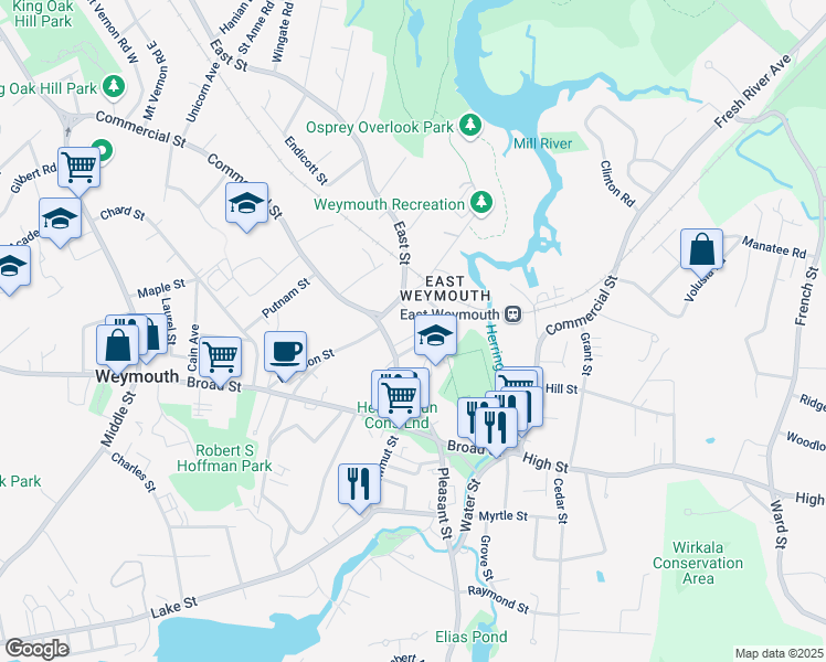 map of restaurants, bars, coffee shops, grocery stores, and more near 20 Somerset Street in Weymouth