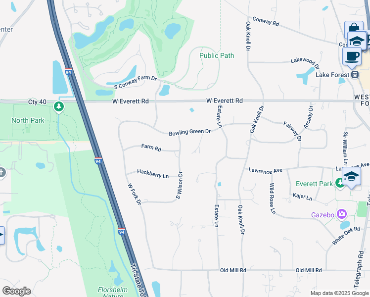 map of restaurants, bars, coffee shops, grocery stores, and more near 1153 South Wilson Drive in Lake Forest