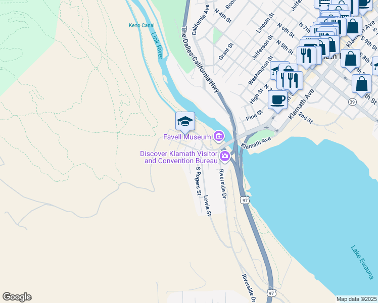 map of restaurants, bars, coffee shops, grocery stores, and more near 134 North Georgia Street in Klamath Falls