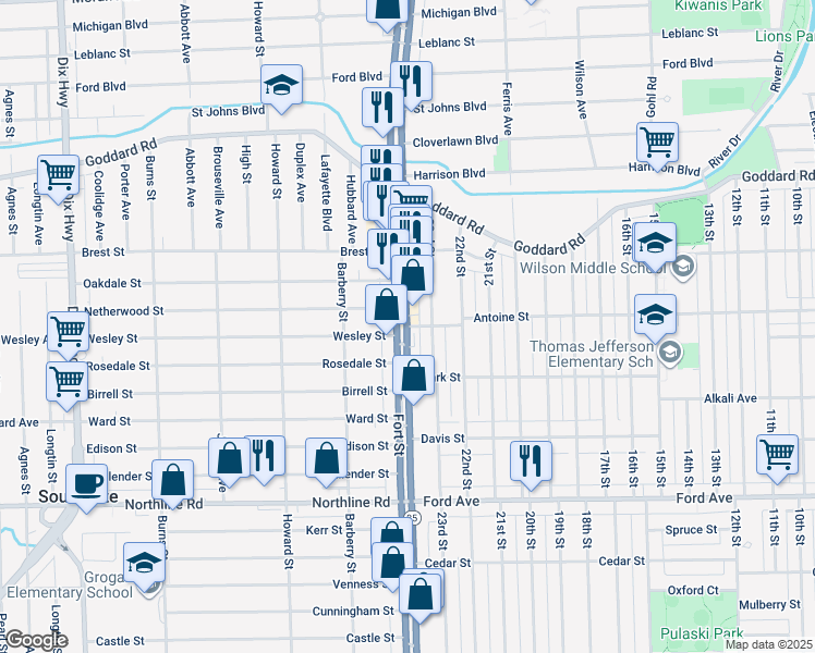 map of restaurants, bars, coffee shops, grocery stores, and more near 12199 Fort St in Wyandotte