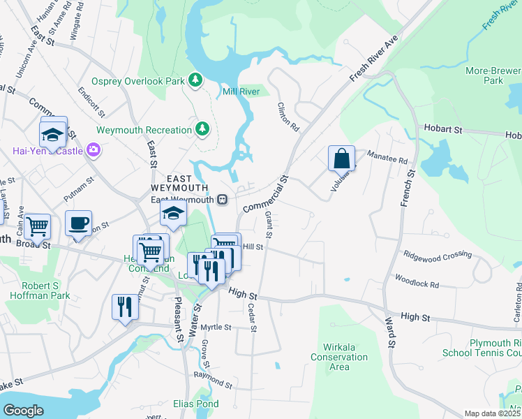 map of restaurants, bars, coffee shops, grocery stores, and more near 1631 Commercial Street in Weymouth