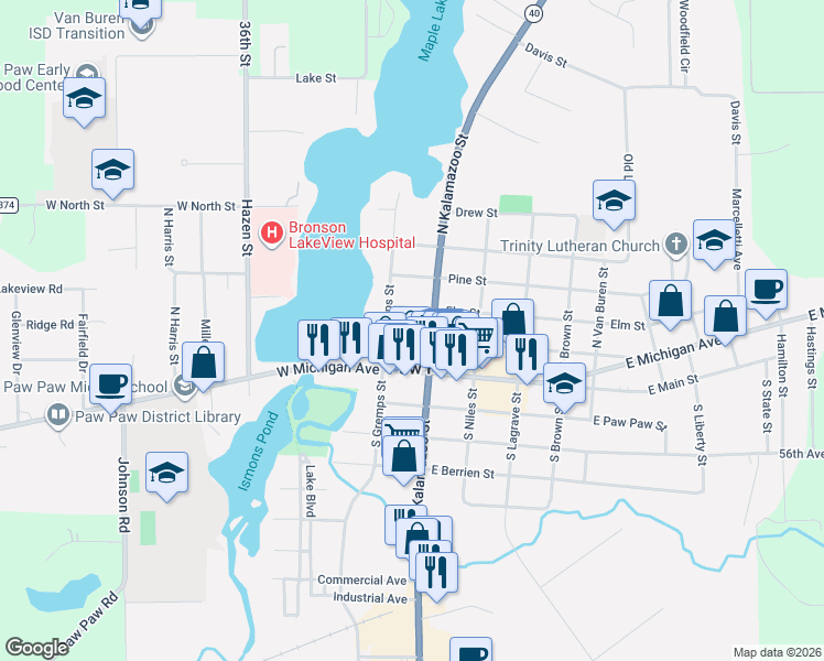 map of restaurants, bars, coffee shops, grocery stores, and more near 113 Oak Street in Paw Paw