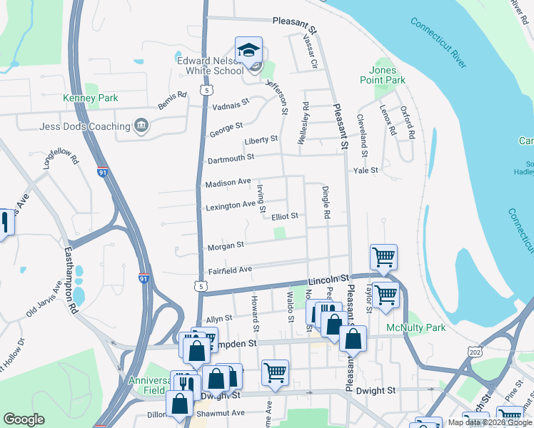 map of restaurants, bars, coffee shops, grocery stores, and more near 47 Elliot Street in Holyoke