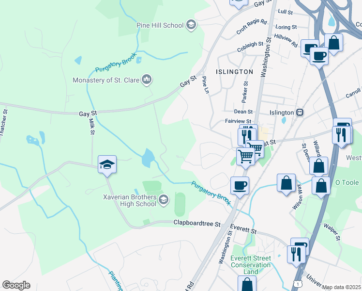 map of restaurants, bars, coffee shops, grocery stores, and more near 583 Gay Street in Westwood