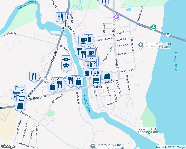 map of restaurants, bars, coffee shops, grocery stores, and more near 10 Canal Street in Catskill