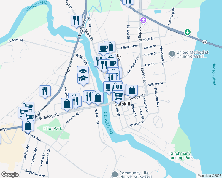 map of restaurants, bars, coffee shops, grocery stores, and more near 10 Canal Street in Catskill