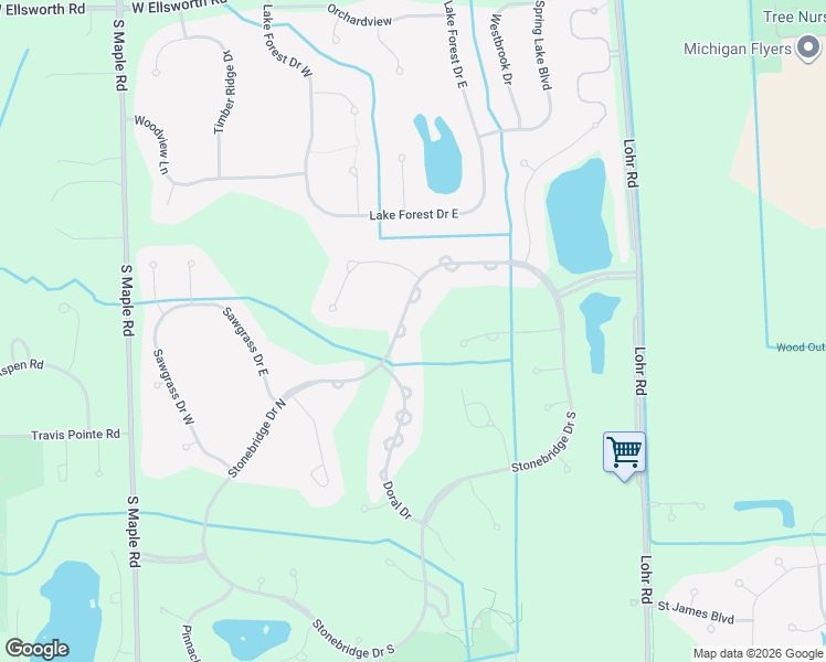 map of restaurants, bars, coffee shops, grocery stores, and more near 1989 Stonebridge Drive North in Ann Arbor