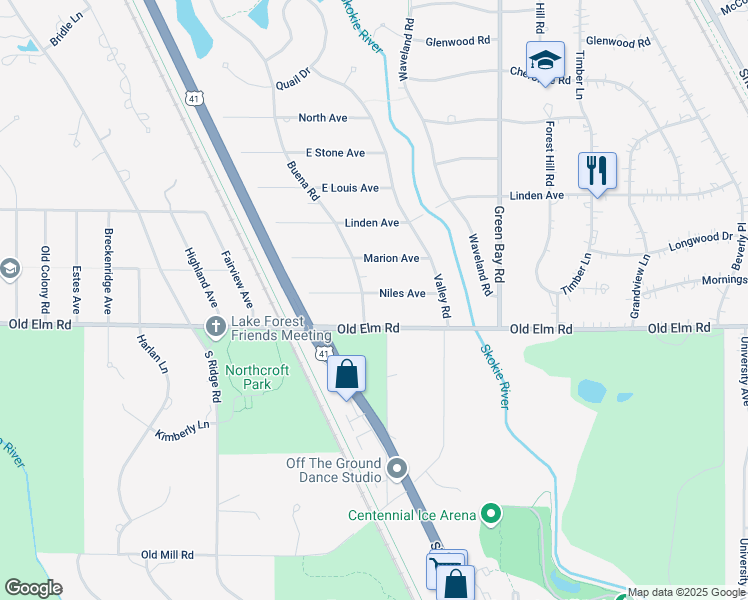 map of restaurants, bars, coffee shops, grocery stores, and more near 185 Niles Avenue in Lake Forest