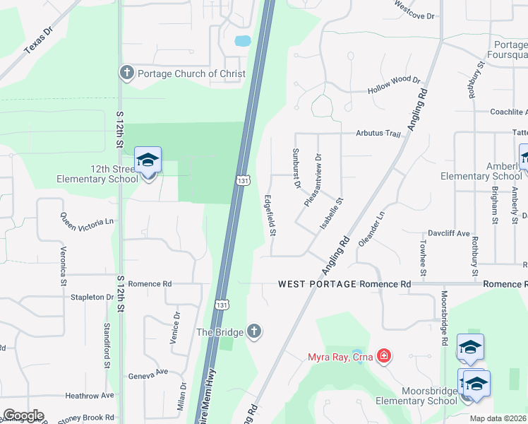 map of restaurants, bars, coffee shops, grocery stores, and more near 6780 Edgefield Street in Portage