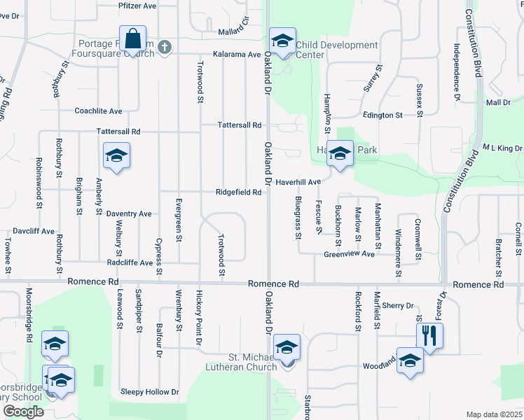 map of restaurants, bars, coffee shops, grocery stores, and more near 6734 Oakland Drive in Portage