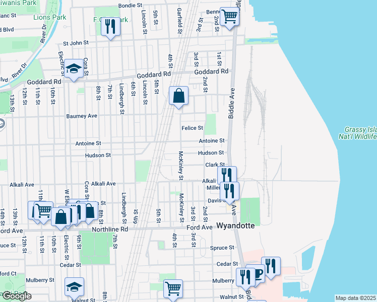 map of restaurants, bars, coffee shops, grocery stores, and more near 268 Hudson Street in Wyandotte