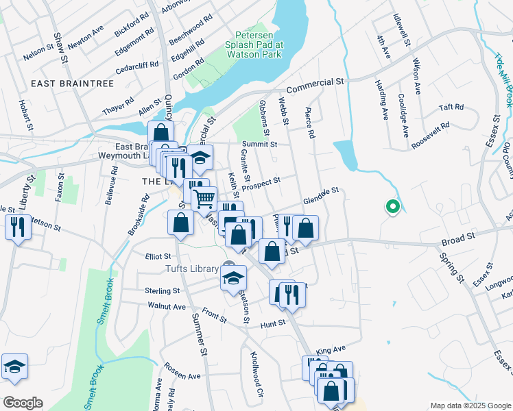 map of restaurants, bars, coffee shops, grocery stores, and more near 9 Granite Street in Weymouth
