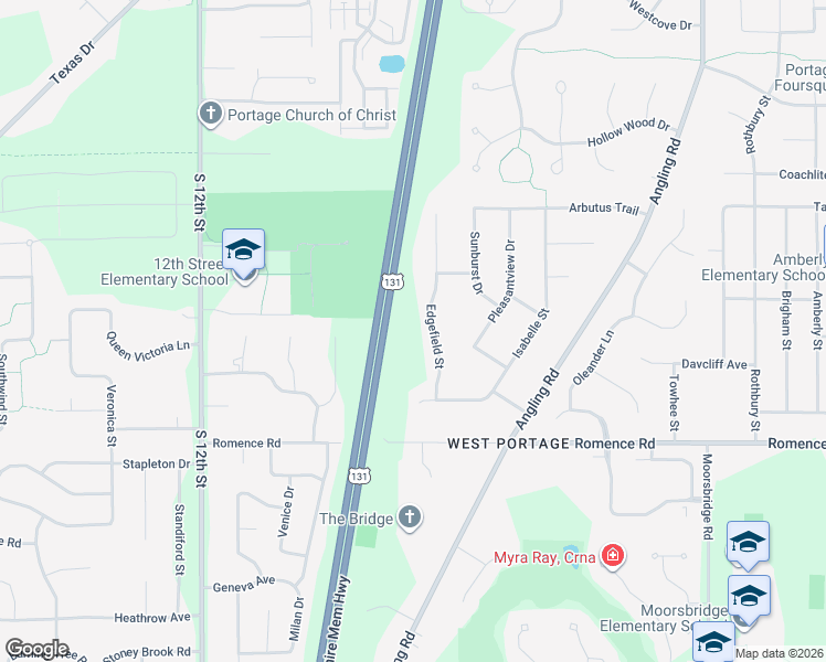 map of restaurants, bars, coffee shops, grocery stores, and more near 6780 Edgefield Street in Portage