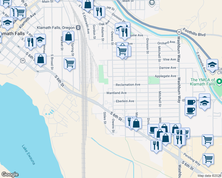 map of restaurants, bars, coffee shops, grocery stores, and more near 1124 Owens St in Klamath Falls