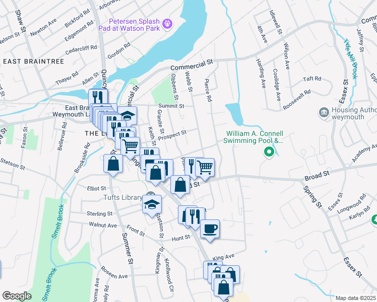 map of restaurants, bars, coffee shops, grocery stores, and more near 72 Richmond Street in Weymouth
